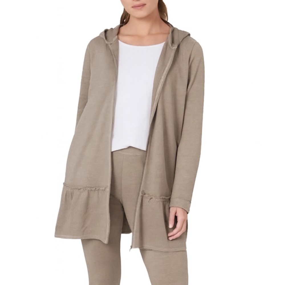 Pure Jill Neutral Tan Cotton‎ Terry Longline Peplum Ruffle Hem Zip Hoodie Jacket